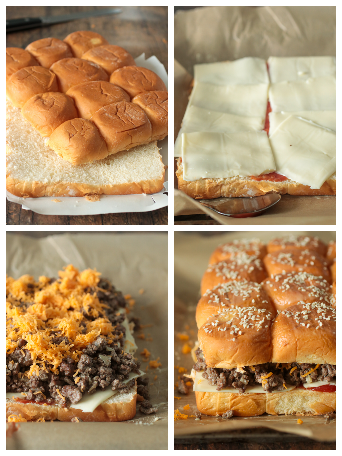 A collage showing the assembly of cheeseburger sliders.