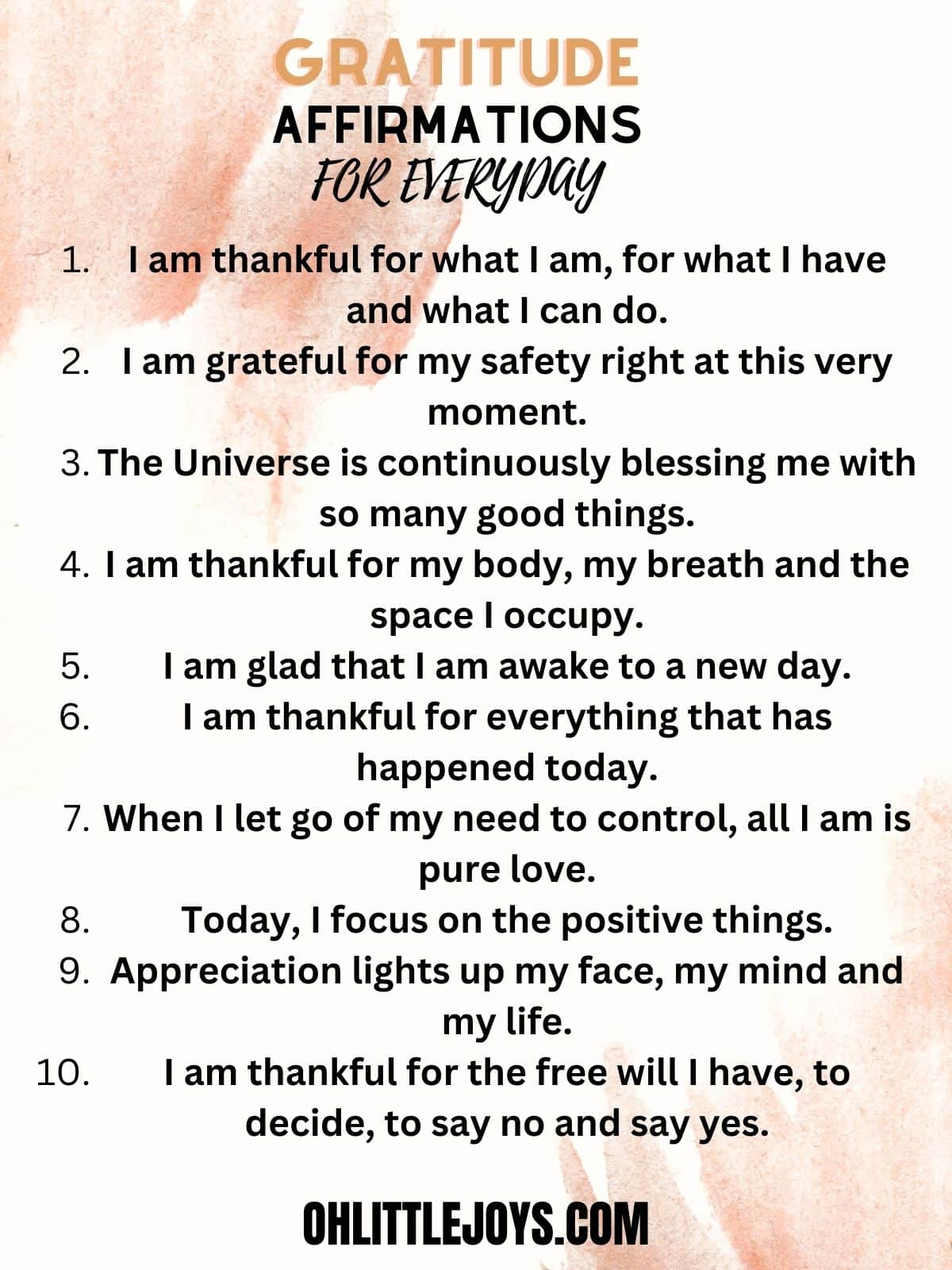 10 Gratitude Affirmations for everyday poster.