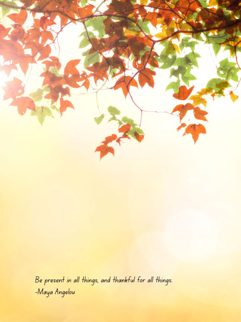 A picture of autumn leaves with words: Be present in all things and thankful for all things- Maya Angelou