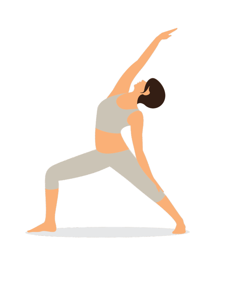 An illustration of a woman in reverse warrior yoga pose.
