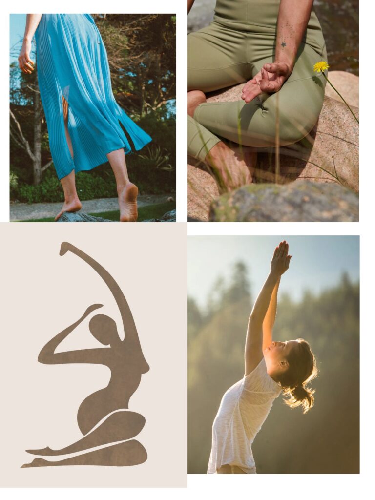 A woman with a flowy skirt (left). A woman doing flowy yoga (right).