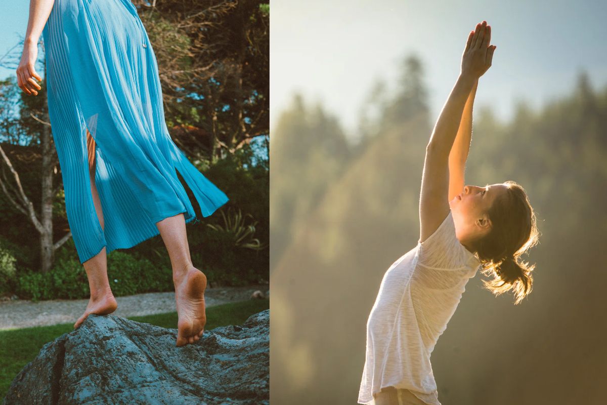 A woman with a flowy skirt (left). A woman doing flowy yoga (right).